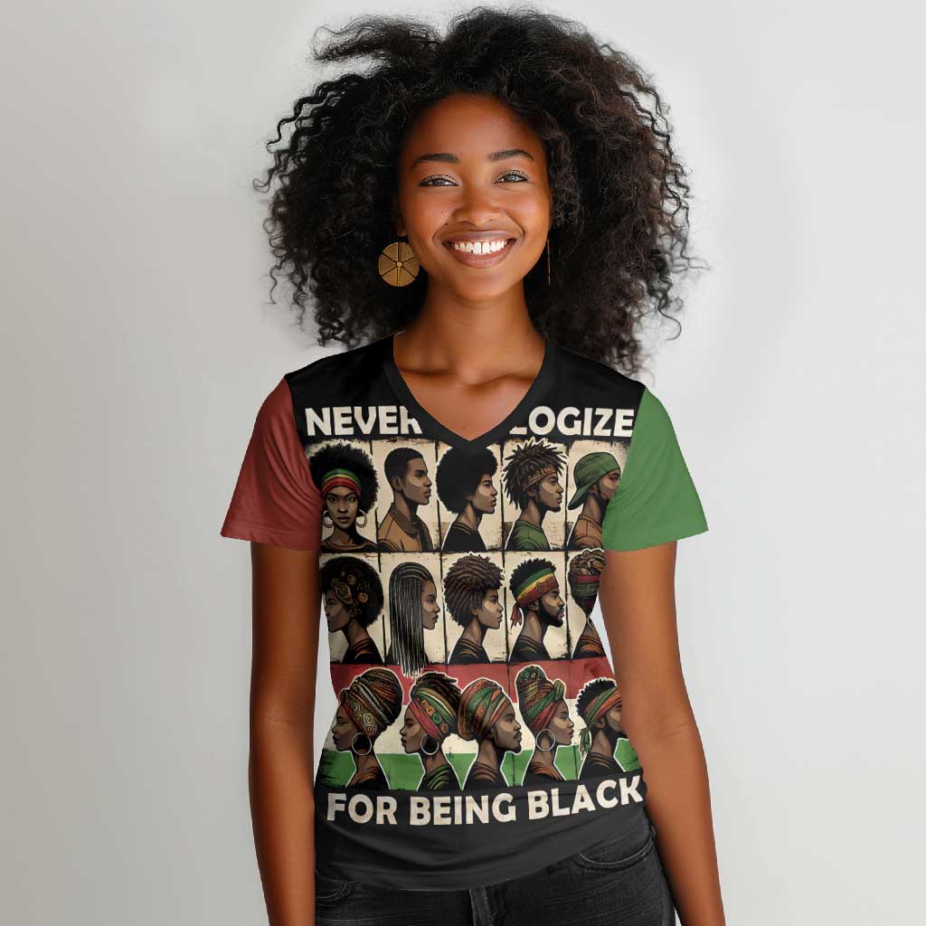 Never Apologize for Being Black Women V-Neck T-Shirt African Pride