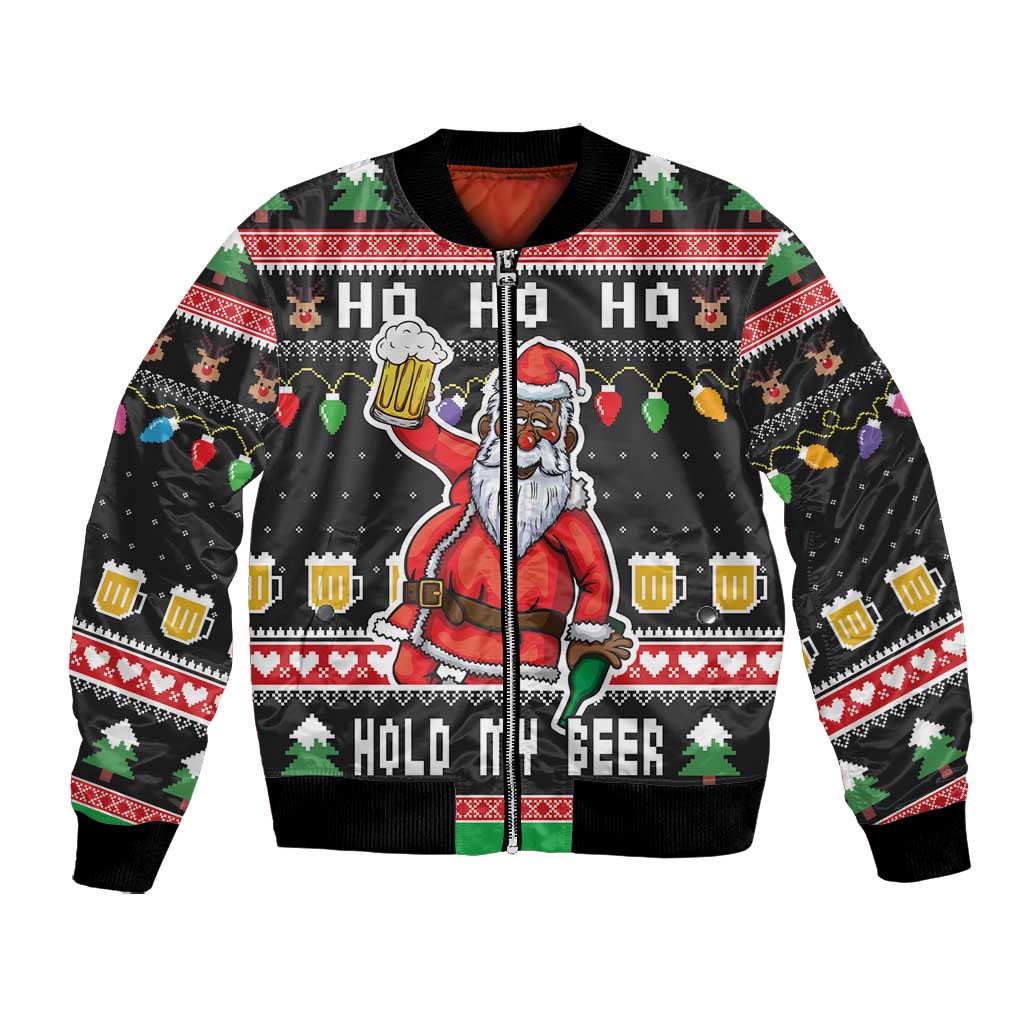Ho Ho Ho Hold My Beer Santa Afro Bomber Jacket Christmas Beer
