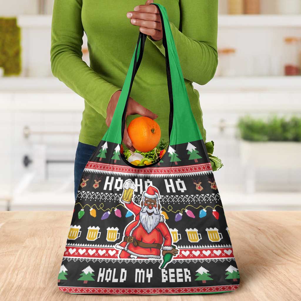 Ho Ho Ho Hold My Beer Santa Afro Grocery Bag Christmas Beer