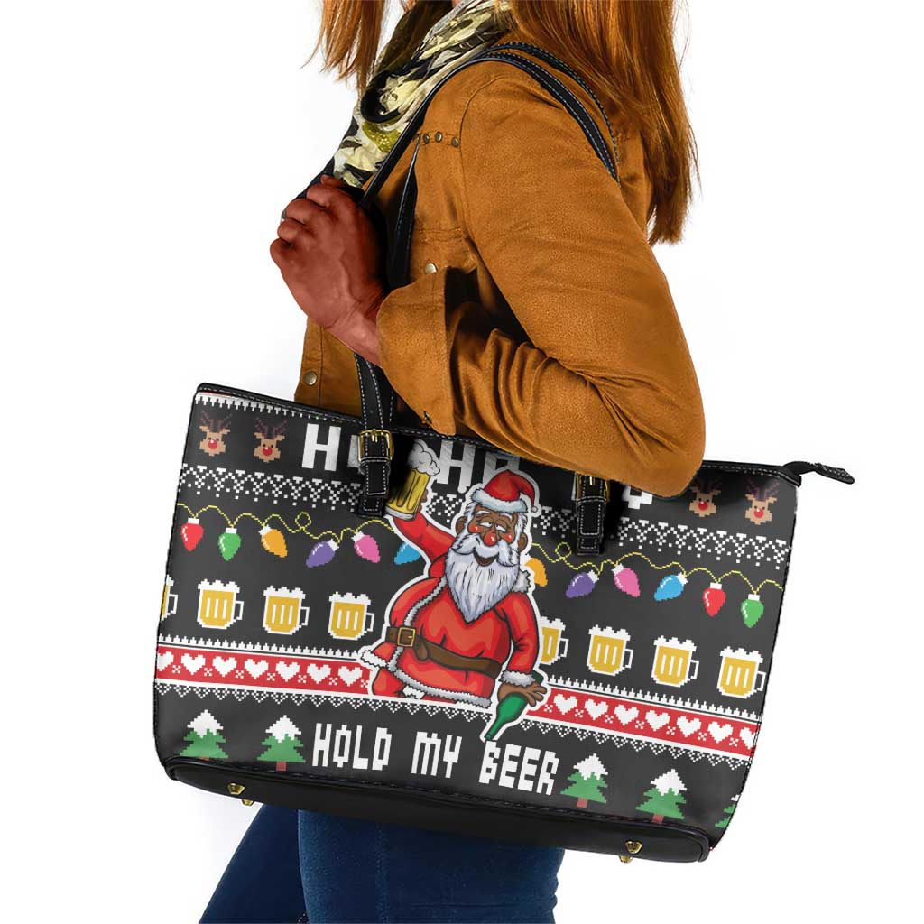 Ho Ho Ho Hold My Beer Santa Afro Leather Tote Bag Christmas Beer