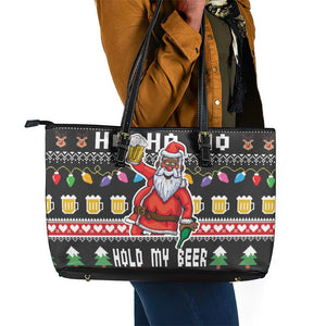 Ho Ho Ho Hold My Beer Santa Afro Leather Tote Bag Christmas Beer