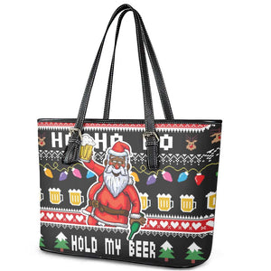 Ho Ho Ho Hold My Beer Santa Afro Leather Tote Bag Christmas Beer