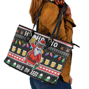 Ho Ho Ho Hold My Beer Santa Afro Leather Tote Bag Christmas Beer