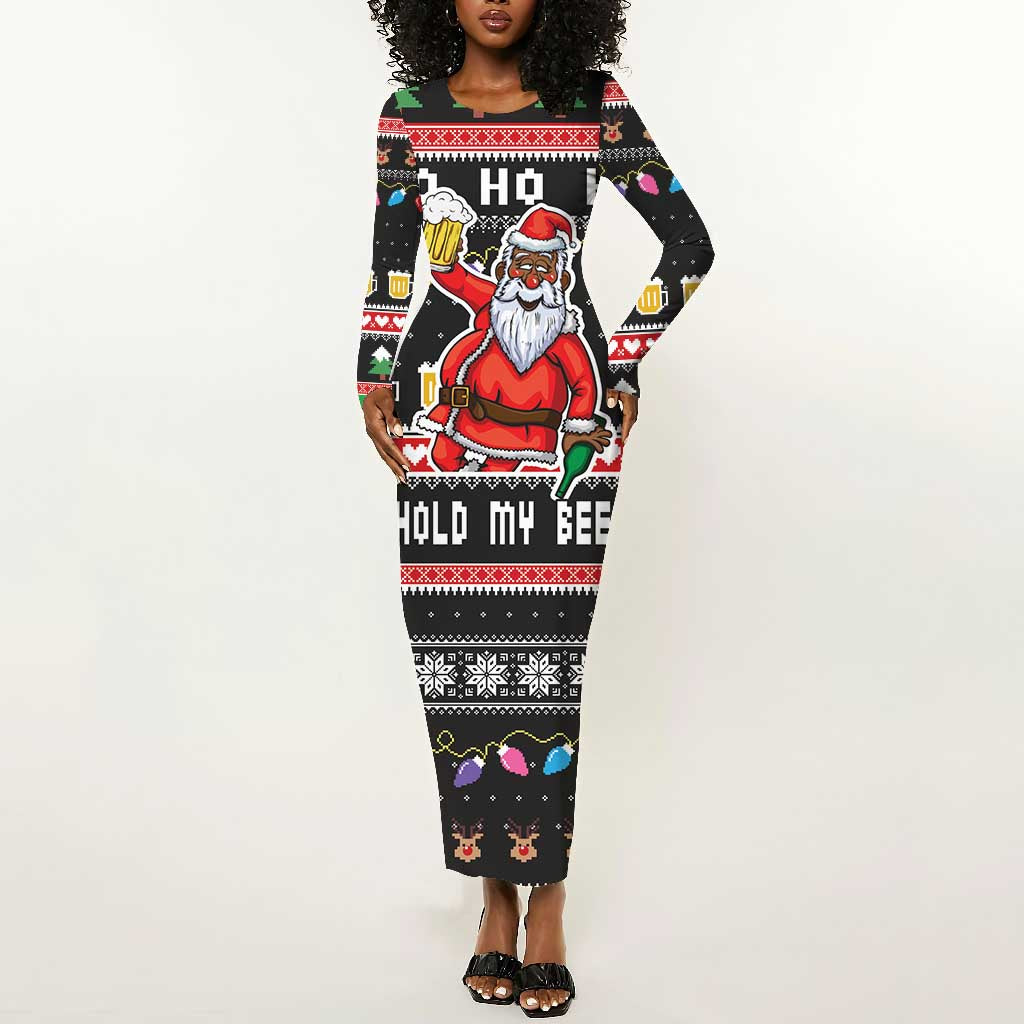 Ho Ho Ho Hold My Beer Santa Afro Long Sleeve Bodycon Dress Christmas Beer