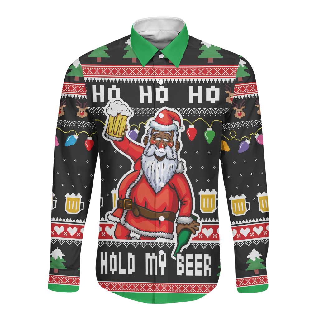 Ho Ho Ho Hold My Beer Santa Afro Long Sleeve Button Shirt Christmas Beer