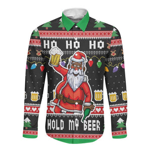 Ho Ho Ho Hold My Beer Santa Afro Long Sleeve Button Shirt Christmas Beer