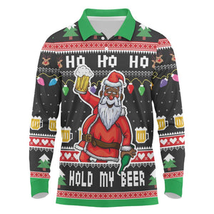 Ho Ho Ho Hold My Beer Santa Afro Long Sleeve Polo Shirt Christmas Beer