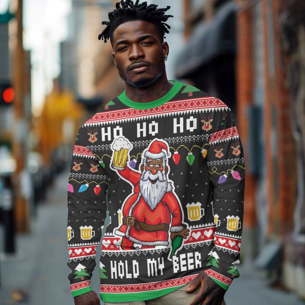 Ho Ho Ho Hold My Beer Santa Afro Long Sleeve Shirt Christmas Beer