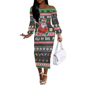 Ho Ho Ho Hold My Beer Santa Afro Off The Shoulder Long Sleeve Dress Christmas Beer