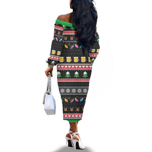 Ho Ho Ho Hold My Beer Santa Afro Off The Shoulder Long Sleeve Dress Christmas Beer