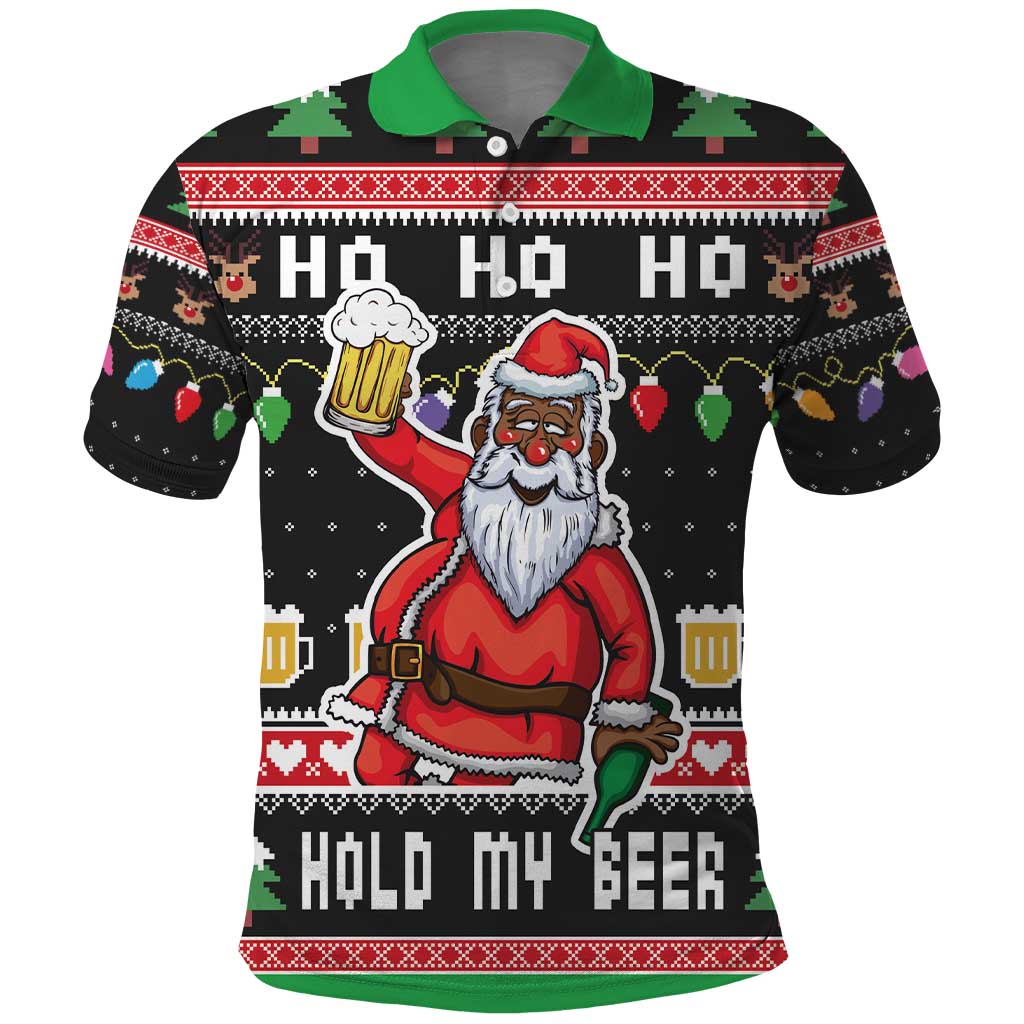 Ho Ho Ho Hold My Beer Santa Afro Polo Shirt Christmas Beer