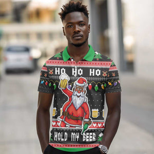 Ho Ho Ho Hold My Beer Santa Afro Polo Shirt Christmas Beer