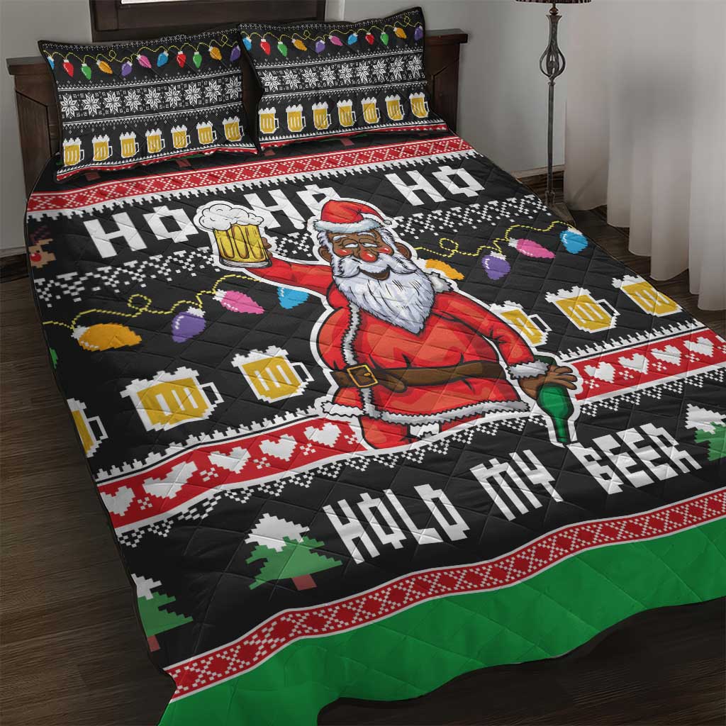 Ho Ho Ho Hold My Beer Santa Afro Quilt Bed Set Christmas Beer