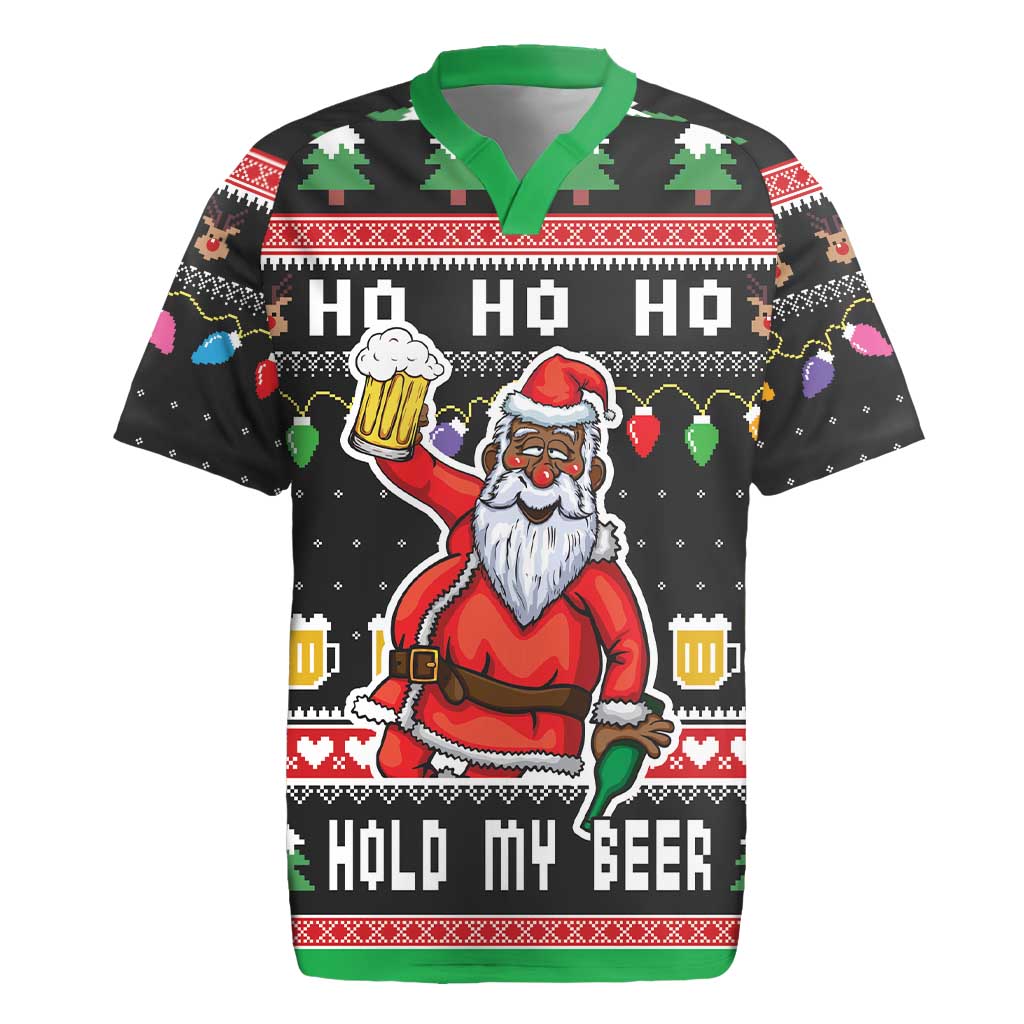 Ho Ho Ho Hold My Beer Santa Afro Rugby Jersey Christmas Beer