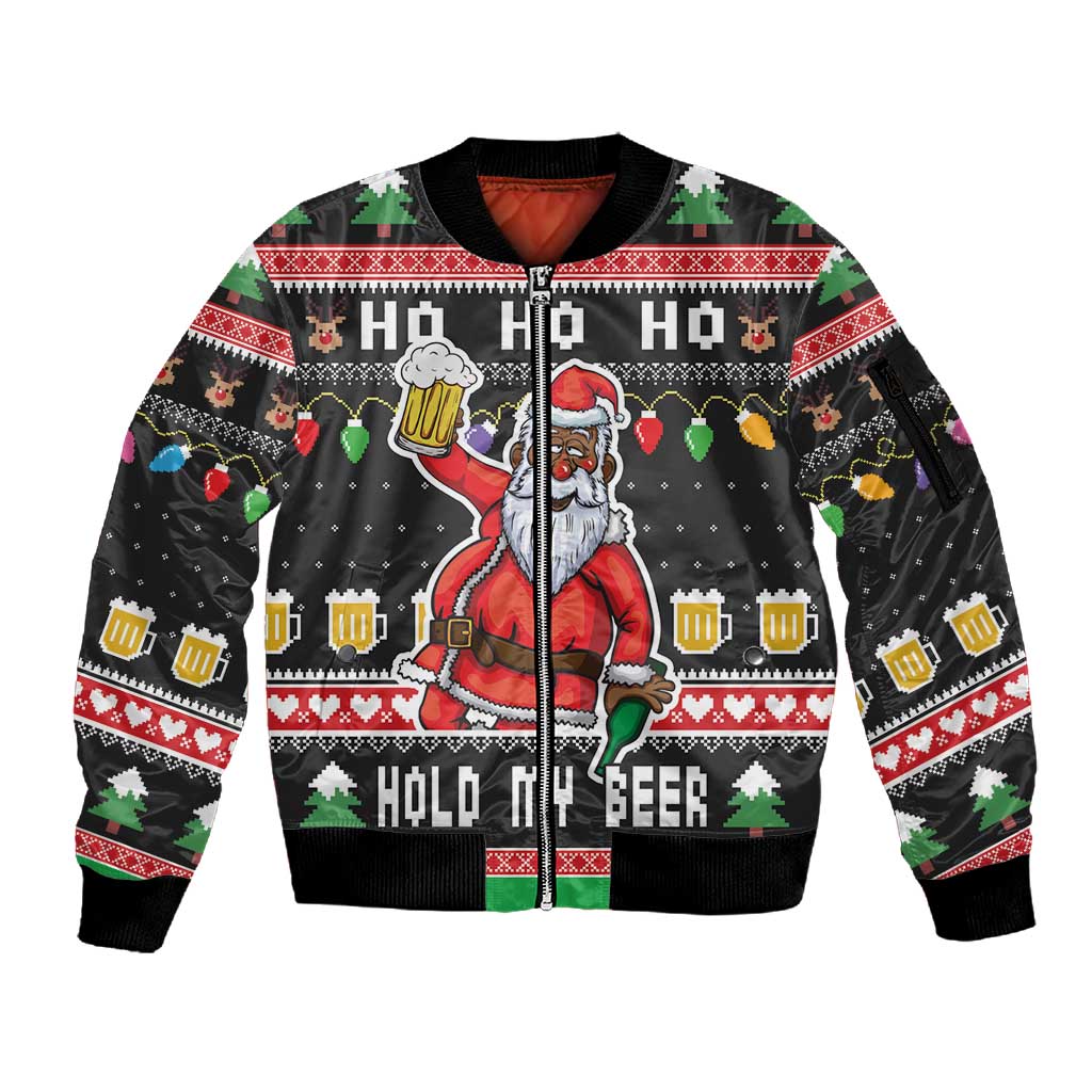 Ho Ho Ho Hold My Beer Santa Afro Sleeve Zip Bomber Jacket Christmas Beer