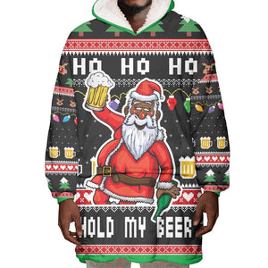 Ho Ho Ho Hold My Beer Santa Afro Wearable Blanket Hoodie Christmas Beer