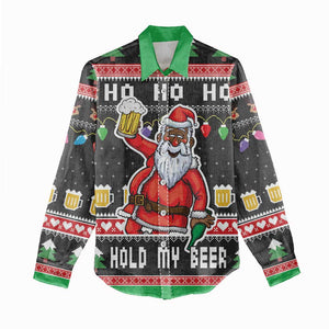 Ho Ho Ho Hold My Beer Santa Afro Women Casual Shirt Christmas Beer