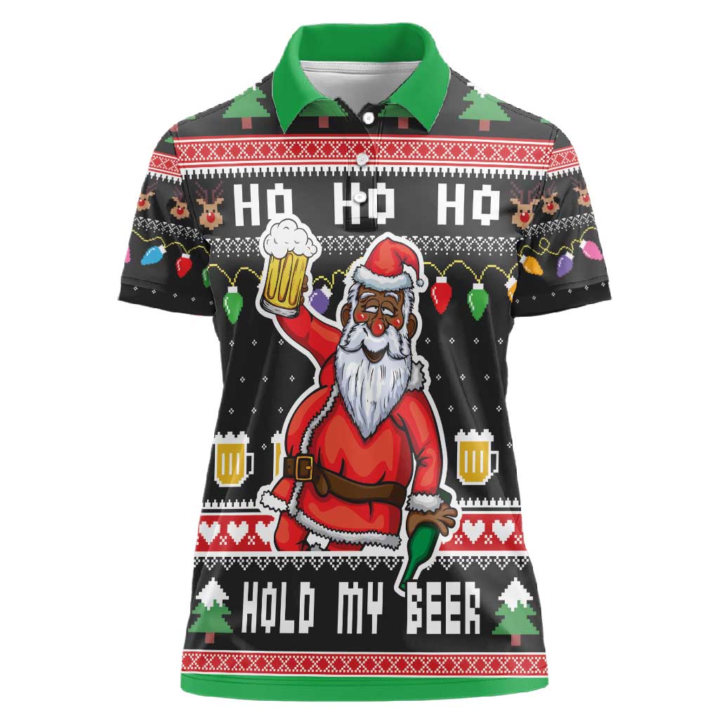 Ho Ho Ho Hold My Beer Santa Afro Women Polo Shirt Christmas Beer