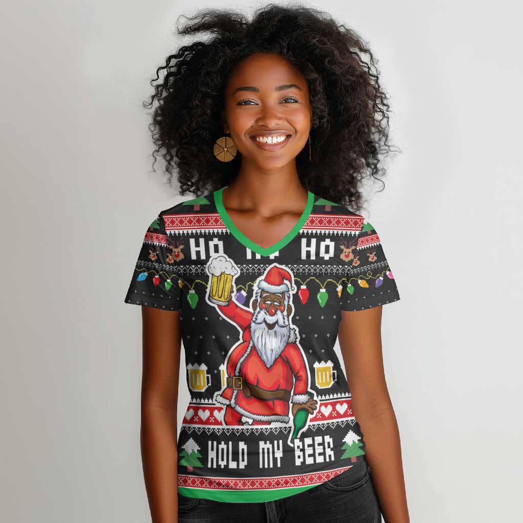 Ho Ho Ho Hold My Beer Santa Afro Women V-Neck T-Shirt Christmas Beer