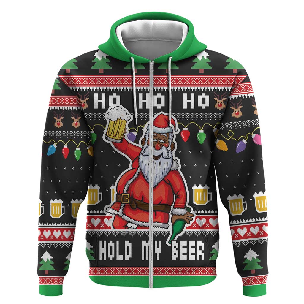Ho Ho Ho Hold My Beer Santa Afro Zip Hoodie Christmas Beer