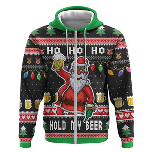 Ho Ho Ho Hold My Beer Santa Afro Zip Hoodie Christmas Beer