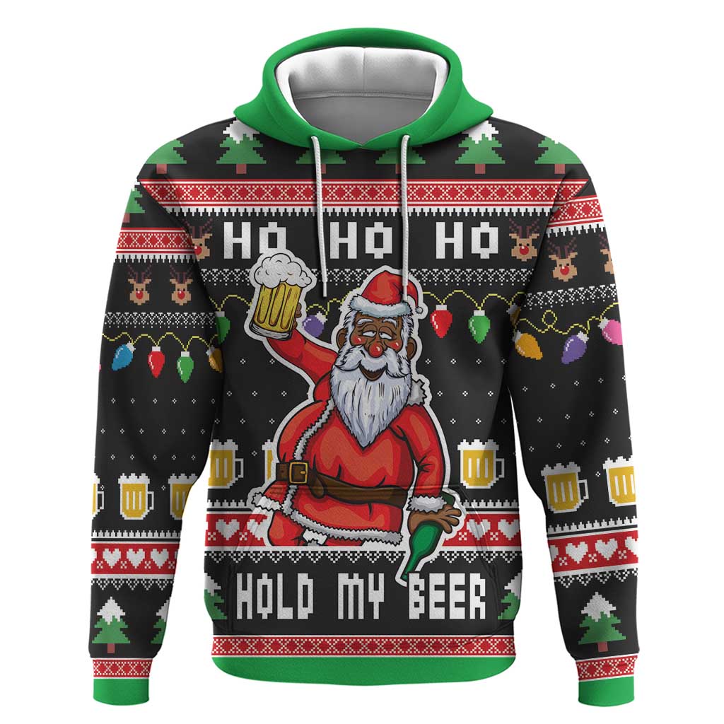 Ho Ho Ho Hold My Beer Santa Afro Zip Hoodie Christmas Beer