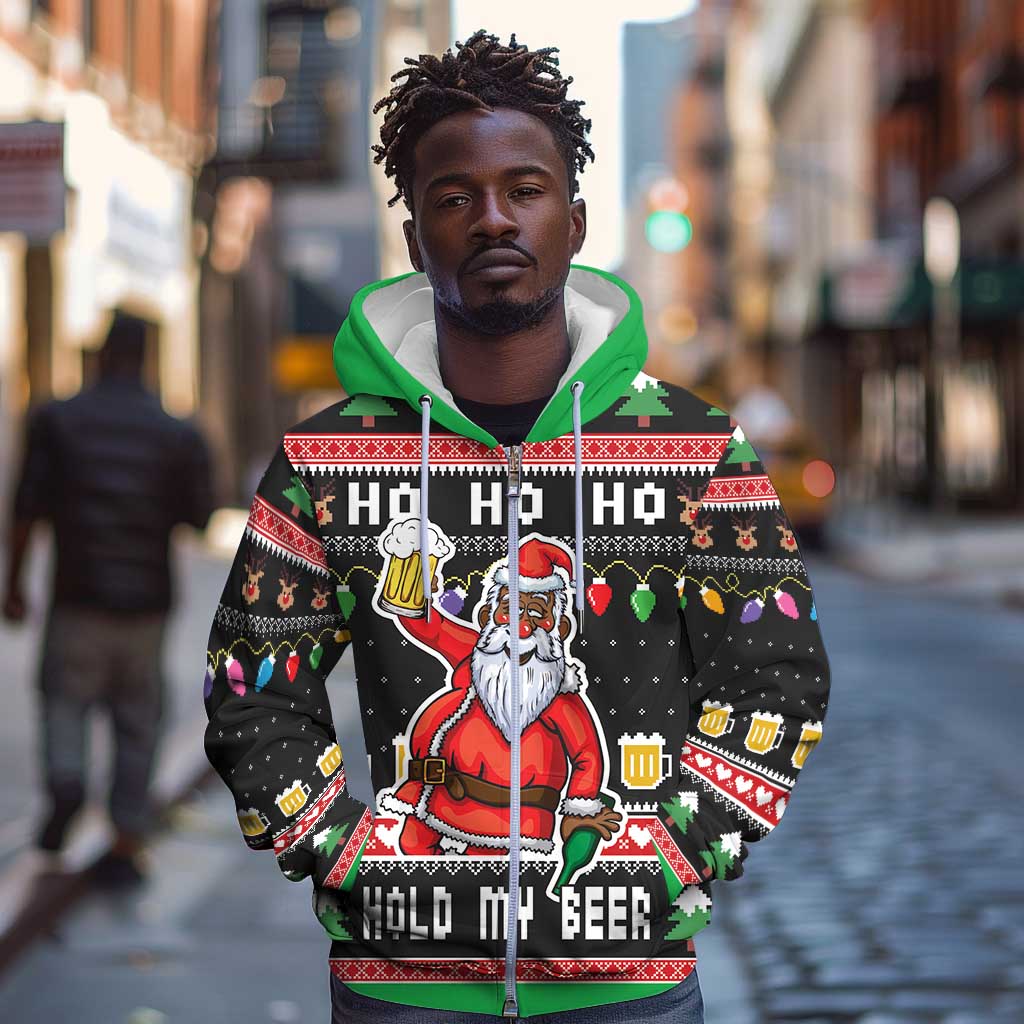 Ho Ho Ho Hold My Beer Santa Afro Zip Hoodie Christmas Beer