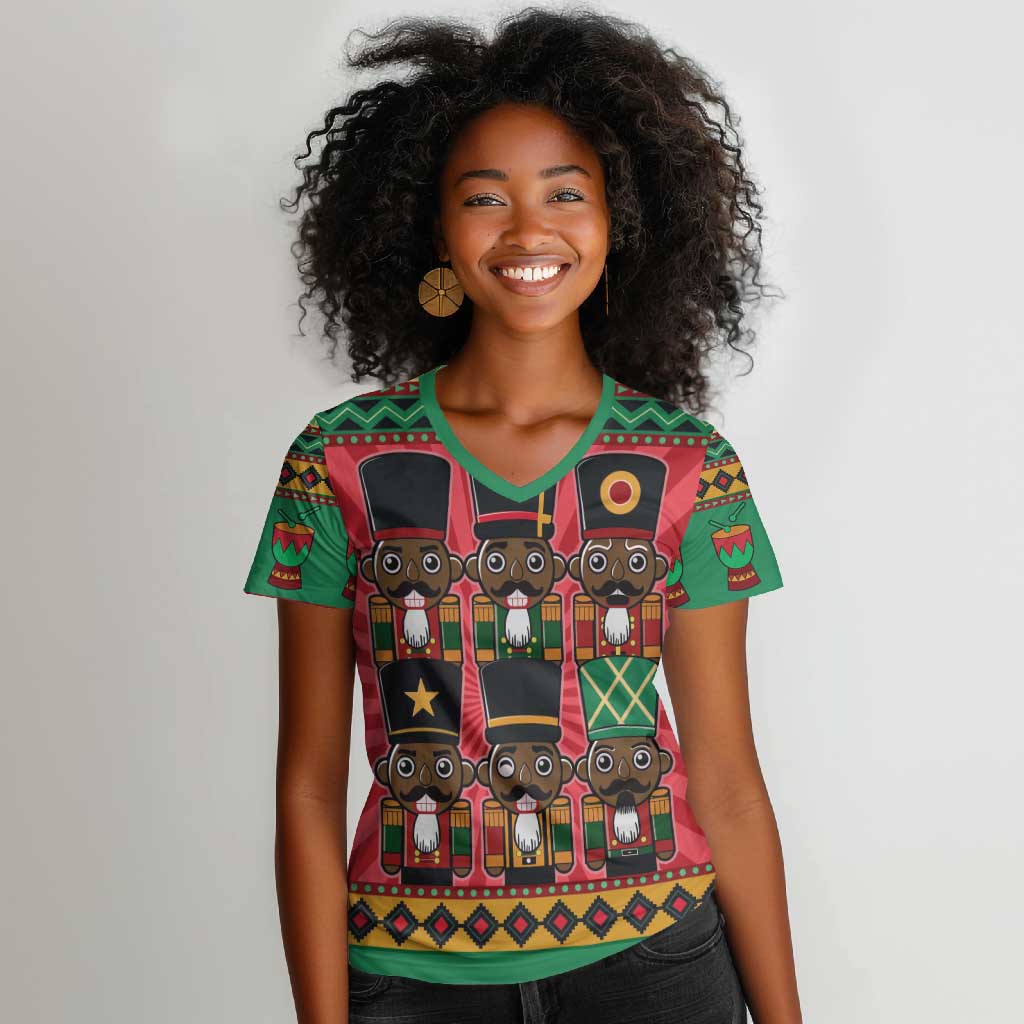 Black Nutcrackers Women V-Neck T-Shirt Afro Christmas