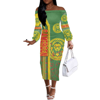 Cameroon Soccer Off The Shoulder Long Sleeve Dress Indomitable Lions Football - Road To Champion
