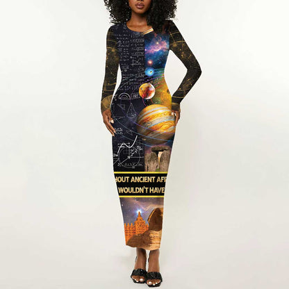 Afro Egyptian Pyramids Long Sleeve Bodycon Dress Ancient African Achievements Galaxy DT04