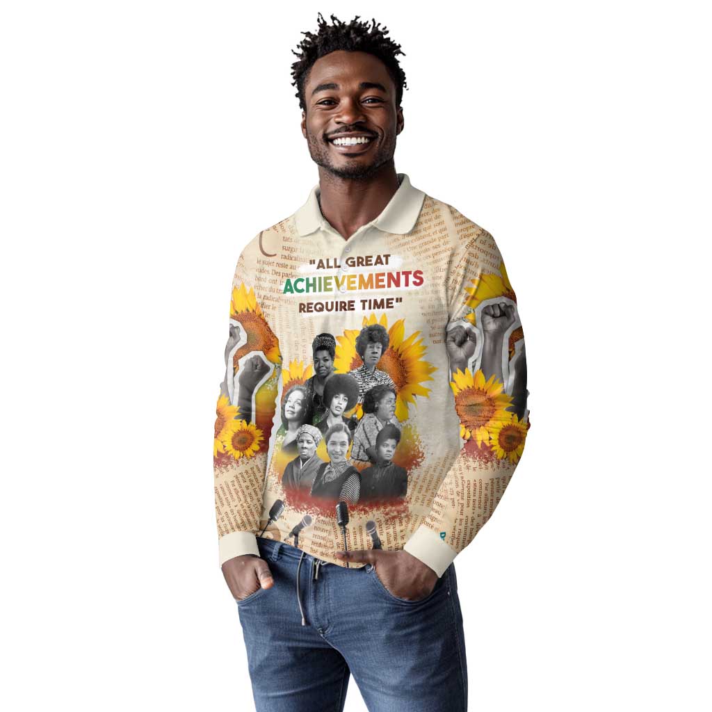 African Achievements Long Sleeve Polo Shirt Civil Rights Female Leaders Sunflower