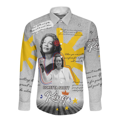 African American Coretta Scott King Long Sleeve Button Shirt Honoring The Legacy Hand Draw Style