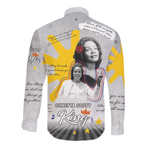 African American Coretta Scott King Long Sleeve Button Shirt Honoring The Legacy Hand Draw Style
