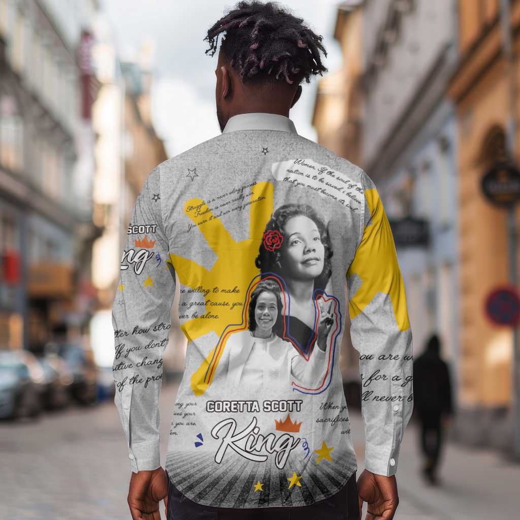 African American Coretta Scott King Long Sleeve Button Shirt Honoring The Legacy Hand Draw Style