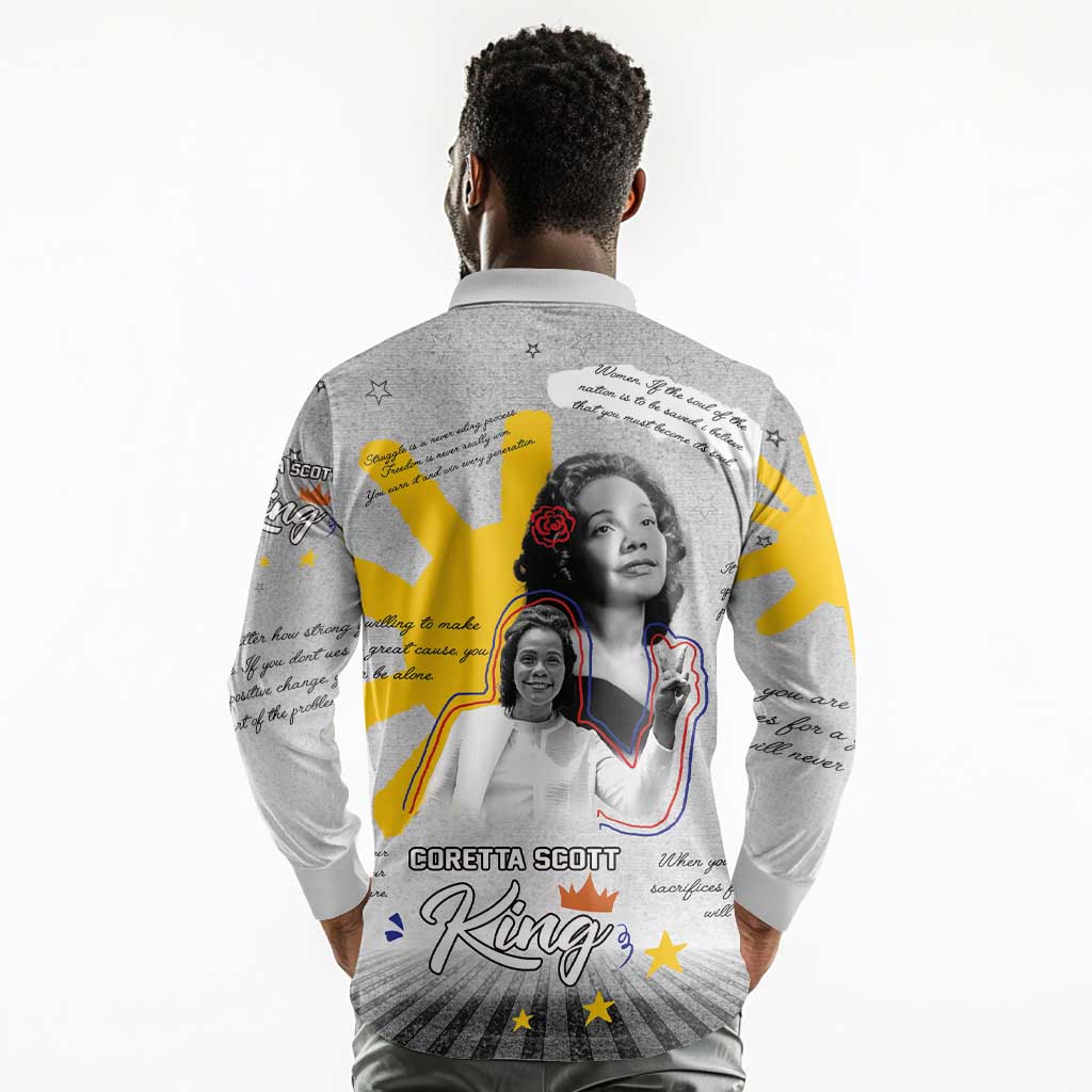 African American Coretta Scott King Long Sleeve Polo Shirt Honoring The Legacy Hand Draw Style