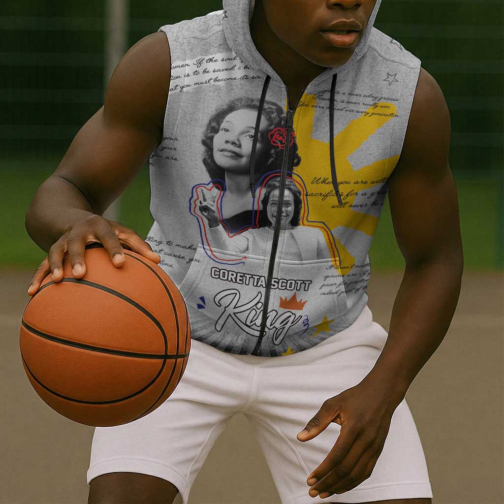 African American Coretta Scott King Sleeveless Zip Hoodie Honoring The Legacy Hand Draw Style - African Pride