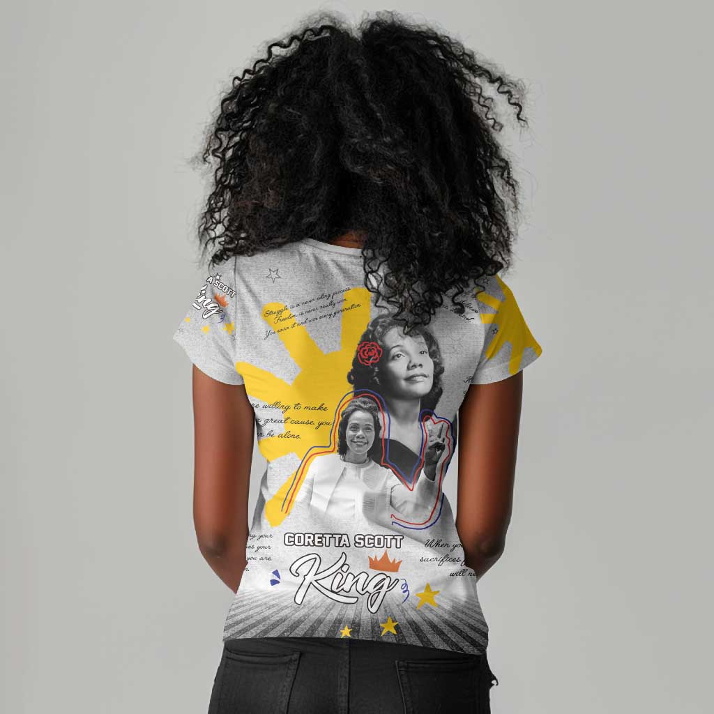 African American Coretta Scott King Women V-Neck T-Shirt Honoring The Legacy Hand Draw Style