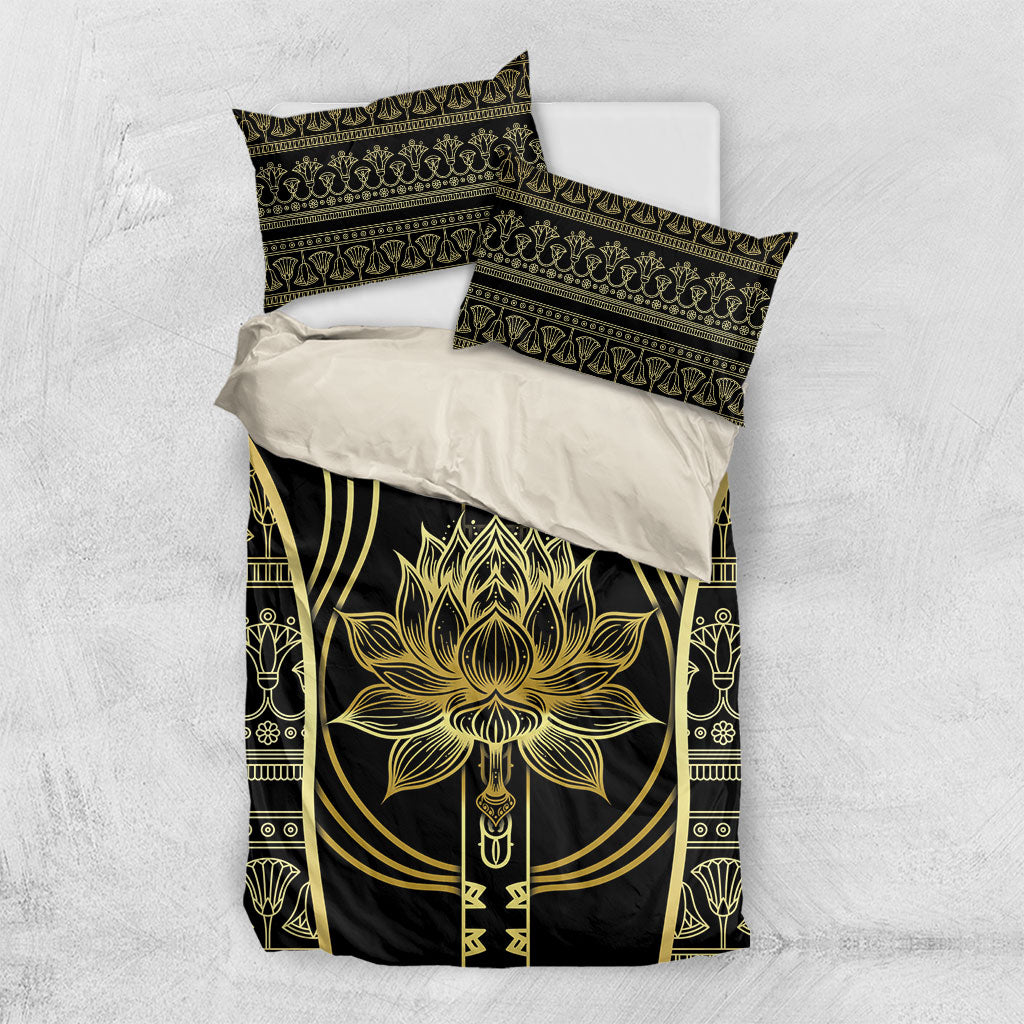 Egypt The Lotus Bedding Set Gold Bloom Hieroglyphic Patterns