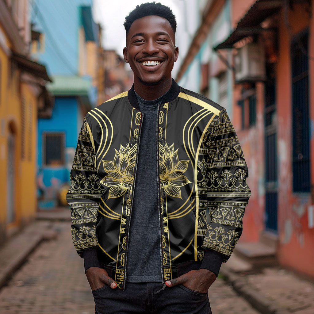 Egypt The Lotus Bomber Jacket Gold Bloom Hieroglyphic Patterns