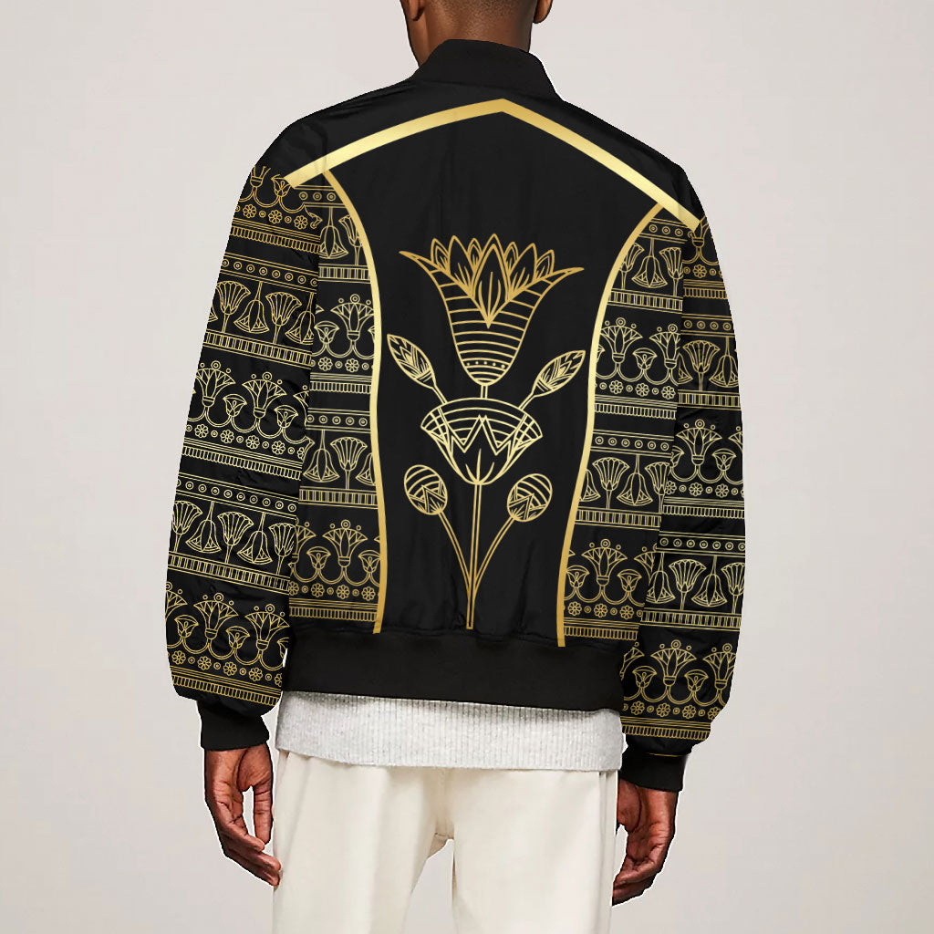 Egypt The Lotus Bomber Jacket Gold Bloom Hieroglyphic Patterns