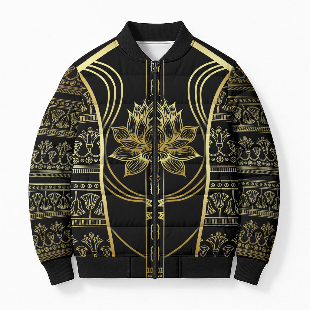 Egypt The Lotus Bomber Puffer Jacket Gold Bloom Hieroglyphic Patterns