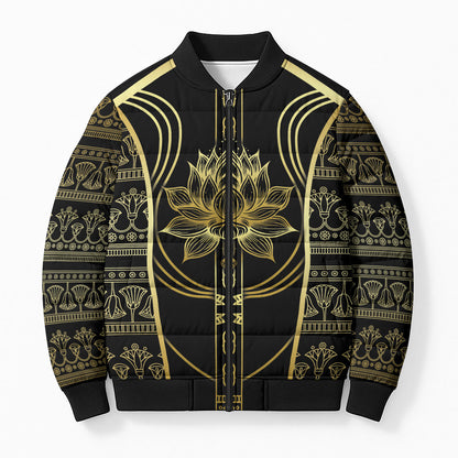 Egypt The Lotus Bomber Puffer Jacket Gold Bloom Hieroglyphic Patterns