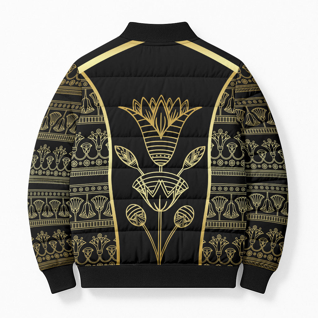 Egypt The Lotus Bomber Puffer Jacket Gold Bloom Hieroglyphic Patterns