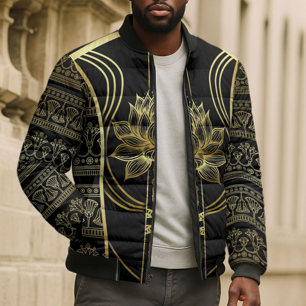 Egypt The Lotus Bomber Puffer Jacket Gold Bloom Hieroglyphic Patterns
