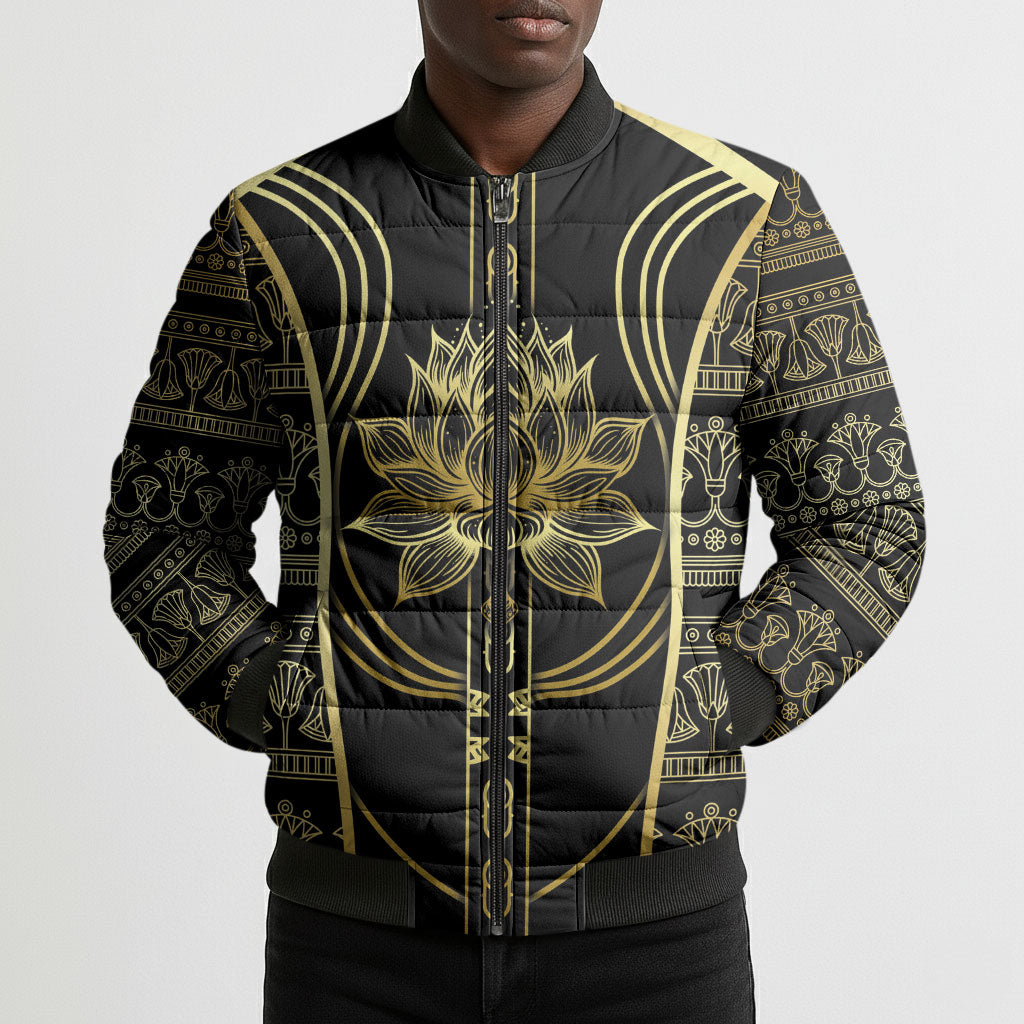 Egypt The Lotus Bomber Puffer Jacket Gold Bloom Hieroglyphic Patterns