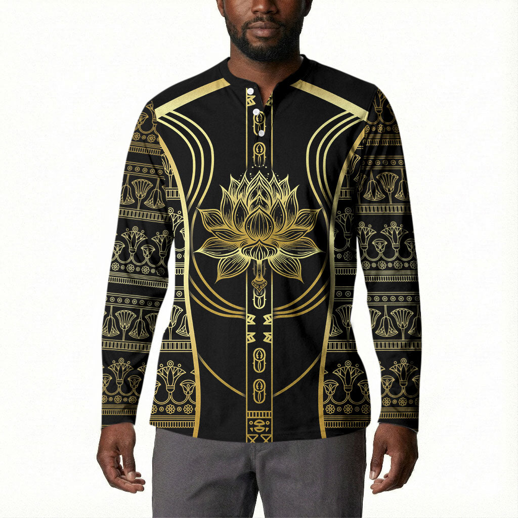 Egypt The Lotus Button Sweatshirt Gold Bloom Hieroglyphic Patterns