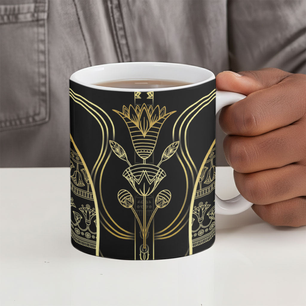 Egypt The Lotus Ceramic Mug Gold Bloom Hieroglyphic Patterns