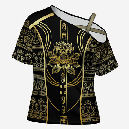 Egypt The Lotus Cross Shoulder Shirt Gold Bloom Hieroglyphic Patterns