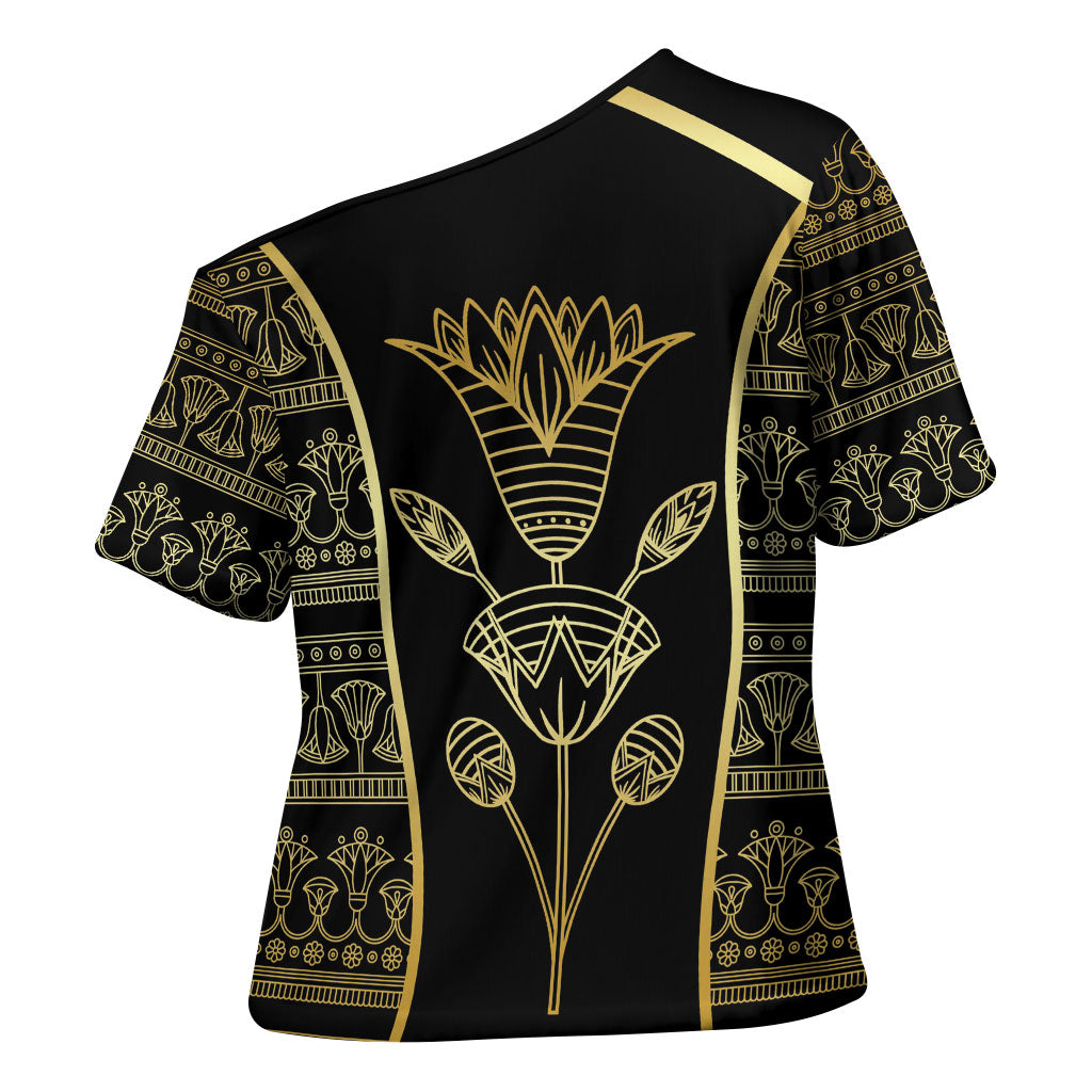 Egypt The Lotus Cross Shoulder Shirt Gold Bloom Hieroglyphic Patterns