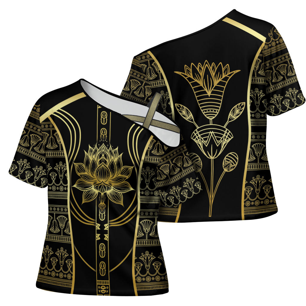 Egypt The Lotus Cross Shoulder Shirt Gold Bloom Hieroglyphic Patterns